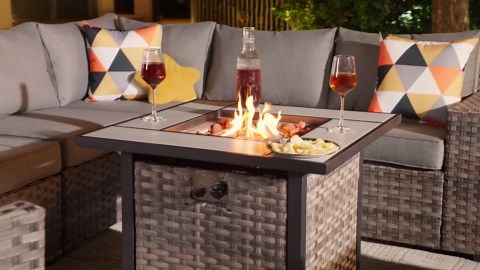 Ovios 10 Pieces Outdoor Patio Furniture with 30 inch Fire Pit Table All Weather Wicker Conversation Set with Swivel Chairs for Porch