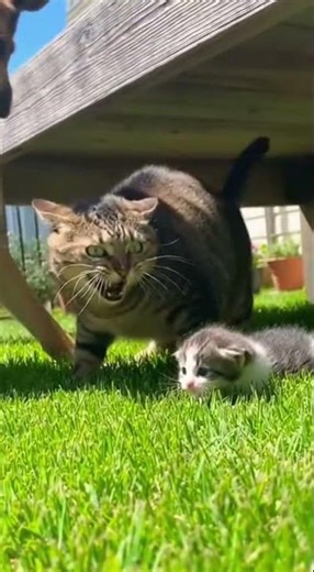 Mama Cat Defends Kitten from Curious Dog! 😼🐶 #MamaCat #KittenVsDog #AnimalBonding