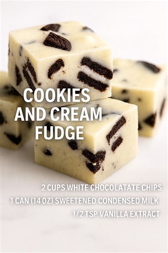 🥣 Instructions 1. Prepare the cookies Break the chocolate sandwich cookies into medium-sized chunks. (Set some larger pieces aside for extra crunch if desired.) 2. Melt the base In a saucepan over low heat, combine: white chocolate chips sweetened condensed milk Stir constantly until smooth and melted, then remove from heat. 3. Add the vanilla Stir in the vanilla extract. 4. Mix in cookies Let the mixture cool for 1–2 minutes, then gently fold in the cookie pieces. 5. Pour into a pan Line an 8×