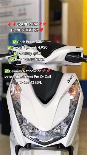 📌📌BRAND-NEW📌📌 HONDA BEAT V3❤️ ✅Cash Price: 55k ✅Down Payment: 4,950 ✅Monthly: 1,510 ✅3 years Installment ✅OPEN FOR INSTALLMENT Requirements: ✅Valid Id ✅Proof of income ✅2x2 Picture ✅Barangay Clearance ✅FREE 3YR REGISTRATION AND INSURANCE ✅FREE TSHIRT ✅FREE KEYCHAIN ✅FREE SERVICE ✅ WITH WARRANTY Freebies📌 ✅1 HALF HELMET ✅1 JERSEY ✅FREE 3YR REGISTRATION ✅500PESOS GAS⛽ ✅Delivery Nationwide📌📌 For Inquiries Direct Pm Or Call 📞09306613834. #followers #higlhits #legitmotortradephilippines
