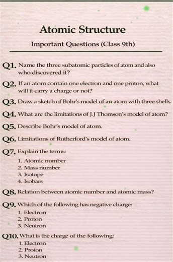 atomic structure important question #class9science