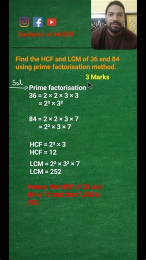 Bachelor of NCERT on Instagram: "How to get full 3 marks in HCF–LCM questions | Examiner point of view✅😎 (Class 10 CBSE) How to score full 3 marks in HCF–LCM questions CBSE Class 10 Maths | Real Numbers In this short video: ✔ Board copy writing method ✔ Prime factorisation explained ✔ How CBSE examiners give marks ✔ Common mistakes students make This question is from CBSE Class 10 Maths Chapter: Real Numbers No shortcuts. Only board-focused explanation. Channel: Bachelor of NCERT"