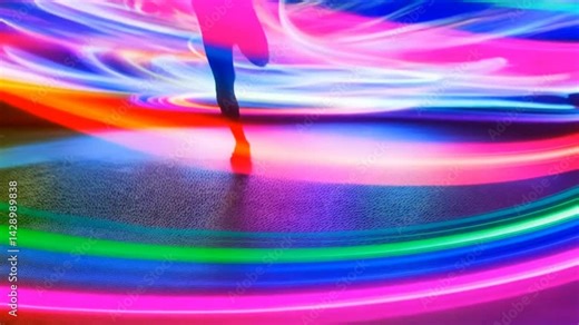 Silhouette of running person surrounded by colorful neon light trails in motion blur with glowing dynamic energy. Seamless looping 4K time-lapse animation video background. Technology concept