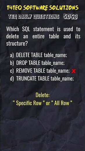 Which SQL command delete table with structure? TEQ #5053 | DBMS MCQ for InfyTQ | #SQL #DBMS #T4TEQ