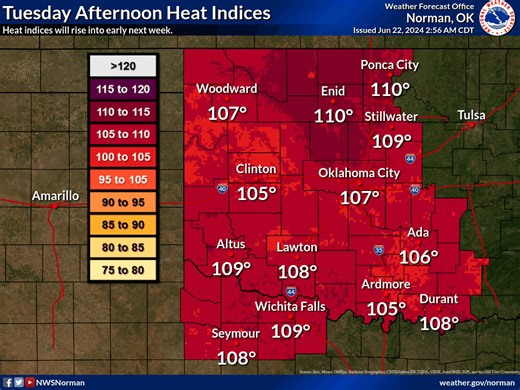 3K views · 50 reactions | Hot and humid weather will be the weather story this weekend into next week with afternoon heat indices rising to 100 °F and beyond. Be sure to practice heat safety if outdoors! Here's a look at the forecast through Tuesday: | US National Weather Service Norman Oklahoma | Facebook