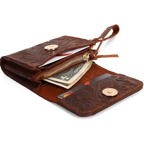 Toros Craft Handmade Wristlet Wallets for Women, Western Floral Leather Small Credit Card Holder with Zipper, Minimalist & Cute Coin Pouch, Genuine Leather, Dark Brown