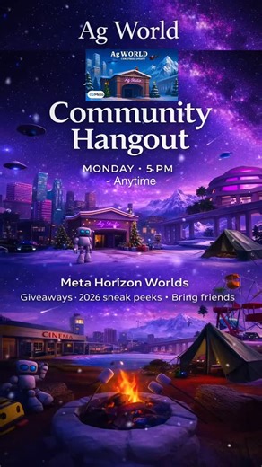 Ag World Official Game Page on Instagram: "Ag World is the hangout. 🌌🛸 The entire world is open to chill, explore, and link up — from city views to late-night spots across the map. Pull up, meet new people, and hang out with the community. 🎁 Clothing + item giveaways 👀 Sneak peeks at 2026 updates 📅 Monday · 5 PM → anytime Available on Meta Horizon Worlds (VR + mobile) Tag who you’re bringing 👇 #AgWorld #MetaHorizonWorlds #HorizonWorlds #MetaQuest #VRHangout #VRCommunity #VRSocial #VirtualW