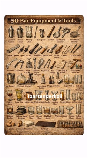 MANGESH KOLI on Instagram: "BAR EQUIPMENTS AND TOOLS ⚗️🍸🍹 📍Essential bar equipment and tools are necessary for efficient drink preparation, focusing on precision, speed, and hygiene. Core items include a cocktail shaker (Boston or Cobbler), jigger for measurements, Hawthorne/fine-mesh strainers, bar spoon, muddler, and pour spouts. Essential, must-have, tools also include bottle openers, ice buckets, cutting boards, and garnishing tools. 📍Key Bar Tools & Equipment: Shakers: Boston shaker (tw