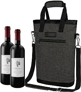 opux Two Bottle Wine Bag Carrier Insulated Leakproof 2 Wine Cooler Charcoal | 2 Bottle Fit, Reusable Wine Cooler Tote, Wine Lover Gift, Adult, Men, Women, Christmas, Portable, Padded, Protection