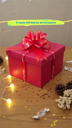 5-Layer creative explosion gift box, gift wrap box. Creating a 5-Layer of various gifts by yourself. An ideal, mysterious self-made gift for birthday, Christmas and anniversaries. (Red, Square)