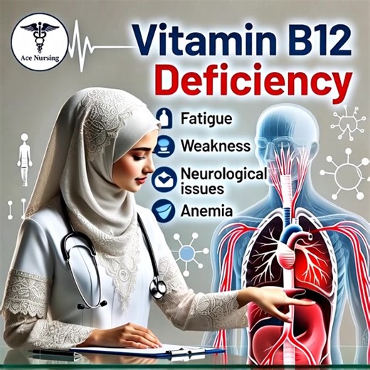 Vitamin B12 Deficiency Ace Nursing # 🩺 **Vitamin B12 Deficiency – ⭐ 1. What Is Vitamin B12 Deficiency? Vitamin B12 deficiency occurs when the body does not have enough B12 to make healthy red blood cells or support the nervous system. B12 is essential for: * RBC production * Myelin formation (nerve protection) * DNA synthesis Low B12 → **anemia neurological problems**. ⭐ 2. Causes of Vitamin B12 Deficiency (High-Yield) 1. Pernicious Anemia** * Autoimmune destruction of intrinsic factor * B12 ca