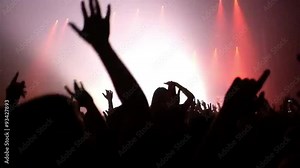 Here is footage of people crowd partying at a concert or a night club. You can see dark silhouettes dancing, jumping and waving hands in front of stage.
