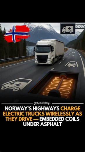 globebuzzdaily on Instagram: "Norway is turning highways into giant wireless chargers by embedding copper coils beneath the asphalt. As an electric truck drives, receiver pads under the chassis pick up the energy through resonant inductive coupling, allowing the vehicle to recharge while moving. This means fewer long charging stops and lighter batteries, which reduce costs and increase cargo capacity. The system is engineered for Nordic winters, with waterproof shielding, plow-safe depths, and s