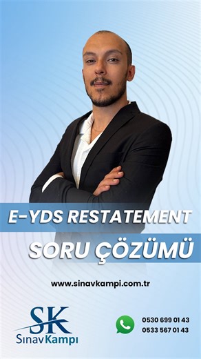 SINAV KAMPI on Instagram: "ONUR HOCA İLE E YDS RESTATEMENT TEST SORU ÇÖZÜMÜ🎯🎯 Daha fazlası için bizi takipte kal😊 🖱️İLETİŞİM & BİLGİ : www.sinavkampi.com.tr WHATSAPP BİLGİ HATLARI 0530 699 01 43 0533 567 01 43 #yds #eyds #yds2025 #yökdil #yökdilsağlık #yökdilsosyal #yökdilfen #onlineyökdil"