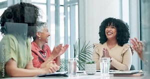 Clapping, shaking hands and business people in office for meeting with deal, partnership or agreement. Applause, teamwork and group of professional creative designers with handshake in workplace.