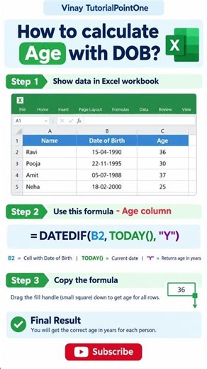 How to calculate Age with DOB #excel #learning #reels #exceltips #shortvideo #work #formula