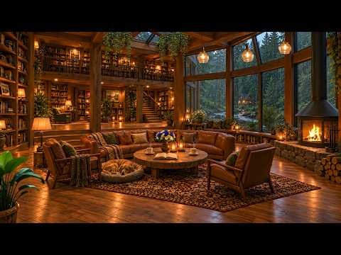 NO ADS | Rainy Forest Library Lodge | Smooth Piano Jazz & Fireplace Glow in a Cozy Woodland