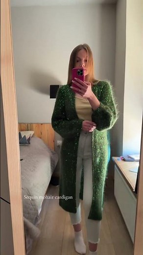 Knitted dark green mohair cardigan with sequins. Available on Etsy