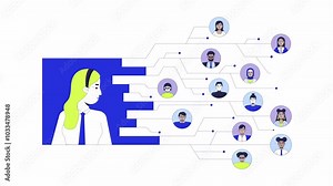 Digital transformation company 2D animation. Leader employees 4K video motion graphic. Digital business. Corporate networking circuit lines animated character cartoon flat concept, white background