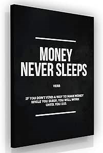 SuccessHunters Money Never Sleeps Canvas Print Wall Art Office Decor Wall Street Entrepreneur Motivation (48" x 36")