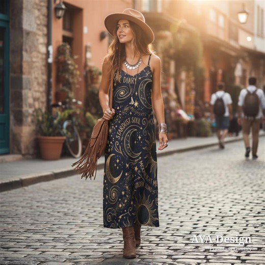Celestial Maxi Dress, Sun Moon Boho Summer Sundress, Astrology Festival Gown - Etsy
