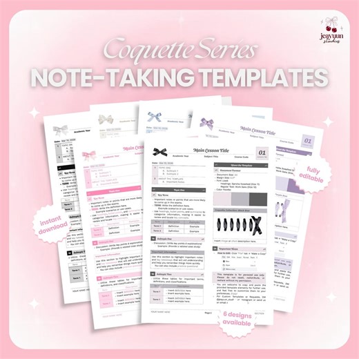 Coquette Note-taking Templates Bundle (google Docs) | Editable Study Notes & Reviewer for Students, School, University - Etsy