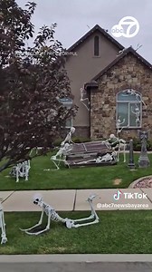 A spooky skeleton army took over the front yard of a home in Sandy, Utah. Video shows the display of numerous life-size skeletons mimicking various human activities. https://abc7ne.ws/2Lu50ZT | ABC7 News