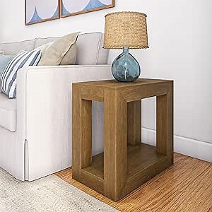 Plank+Beam Modern Rectangular Side Table with Shelf, 25", Solid Wood Narrow End Table for Living Room with Storage, Compact Bedside Table for Small Spaces, Pecan Wirebrush