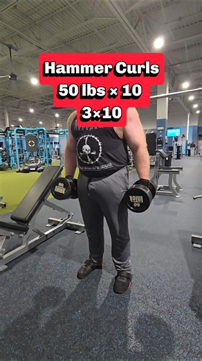 Week 28: Pull Day Exercise 4: Hammer Curls 50 lbs × 10 3×10#pullday#workout#exercise
