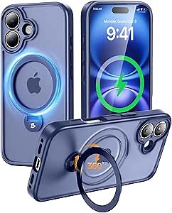 MAGIC JOHN Designed for iPhone 16 Case with Magnetic Invisible Stand [Military Drop Protection] [Compatible with MagSafe] Shockproof Soft Edge Translucent Matte Case for iPhone 16 6.1 Inch, Blue
