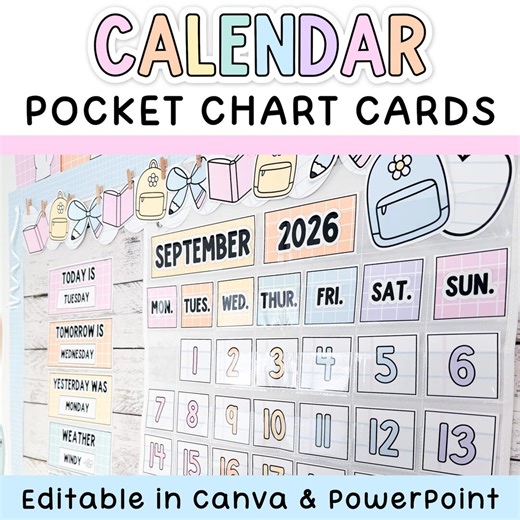 Pastel Classroom Calendar Pocket Chart - Printable Calendar Numbers and Pieces Matches Composition Notebook & Pastel Classroom Decor Theme - Etsy