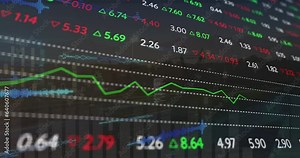 Animation of computer language and trading board over transmission towers and buildings Stock Video