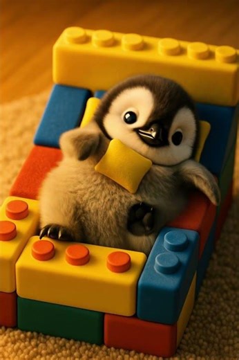 So Playful!🧱 Little Penguin on a Toy Block Bed 🐧✨