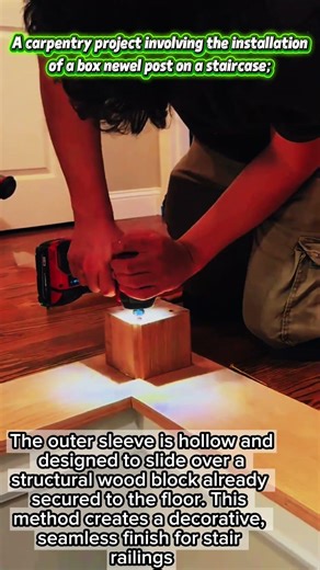 A carpentry project involving the installation of a box newel post on a staircase.