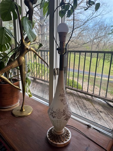 MCM White Satin Glass Lamp With Marble Base & Texture Floral Paint - Etsy