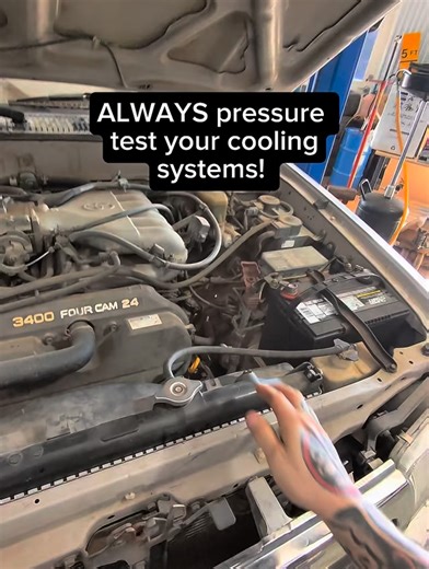 happy friday! here’s a reminder to always pressure test your cooling systems! 🧪🧑🏻‍🔬. test don’t guess guys. I have this handheld pump tester from @atdtools and it’s been fantastic. Just find your radiator cap adapter, I think there’s like 19 in the Kit. And start pumping pressurize your system, and then you should be able to find your leak. As you saw in the video you could hear the hose leaking. It was just whistling out of that hose and dumping cooling on the floor #coolant #diagnostic #te