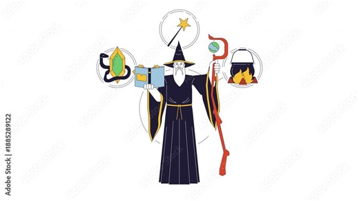 Magician brand archetype 2D animation. Transformation sorcerer. Mysterious knowledge. Wise wizard holding staff and book animated character cartoon flat concept metaphor 4K video isolated on white