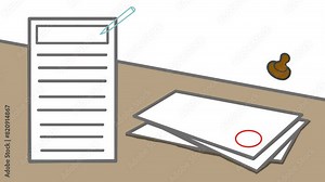 Animation of signing a document and confirming a transaction or agreement using a legal seal. The red circle or line below the pen can be used to place words or a logo.