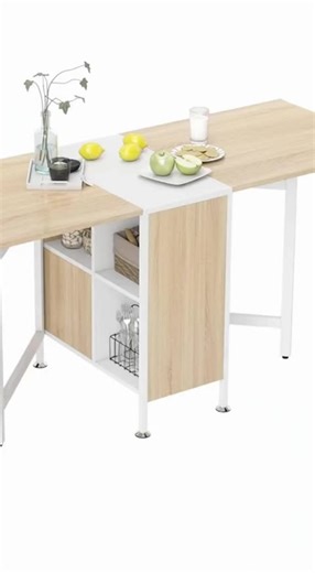 Foldable Drop Leaf Dining Table Folding Workstation for Small Space with Storage Shelves Cubes Oak & White