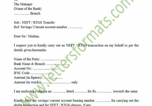 Request Letter to Bank Manager for NEFT RTGS Transfer