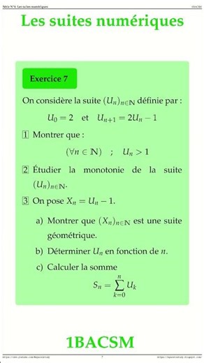 Exercice 7 SUITES NUMERIQUES 1BACSM Maths space2study M1BSMS4v2 #maths