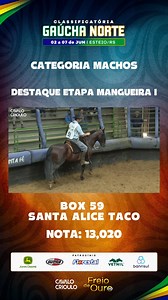 Freio de Ouro on Instagram: "MELHOR NOTA MANGUEIRA 1 | GAÚCHA NORTE | CATEGORIA MACHOS: BOX 59 SANTA ALICE TACO Foi também com placas expressivas levantadas para cada um dos movimentos cumpridos na etapa de Mangueira I que o BOX 59 SANTA ALICE TACO, que é montado por Fernando Andrighetti, se destacou com a melhor nota na etapa de aparte e pechada: 13,020. No ranking parcial geral, o conjunto concluiu a prova na oitava colocação (com 18,257 de média até então). BOX 59 SANTA ALICE TACO NOTA ETAPA 