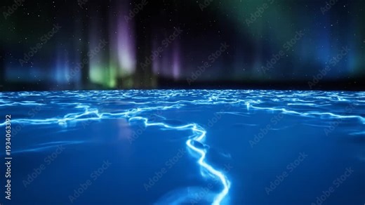 Blue ocean waves sparkle under a night sky full of stars creating a magical ocean view with bioluminescence effect.