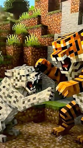 Tiger attacks snow leopard in Minecraft ￼