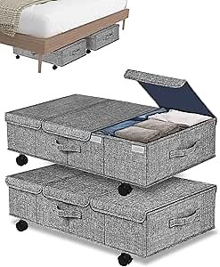 Deep Under Bed Storage Container with Wheels, 2 Pack 10" High 31" Long Large Underbed Box Storage Bins with Lids and Hard Bottom, for Bedroom, Dorms, Clothes, Bed sheets, blankets, Dark Gray