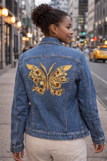 Golden Butterfly Embroidered Denim Jacket – Symbol of Hope, Faith & Transformation - Etsy