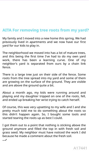 AITA 🎠 For removing tree roots from my yard 😘 | AITA Story Hub