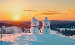 cute snowman couple in winter landscape on snowy day
