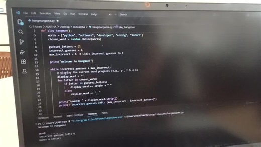 #codealpha #python #pythonprogramming #hangman #coding #programming #internship #learning #projects #tech #studentdeveloper | Surisetti Asritha