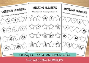 Missing Numbers 1-20 | Math Worksheets for Early Learners | 1st Grade & Preschool Kindergarten Math Practice | Fill in the Blanks Activity - Etsy